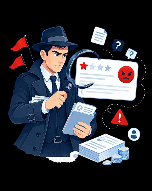 Детектив Migrator с лупой проверяет фейковые отзывы и негативные публикации